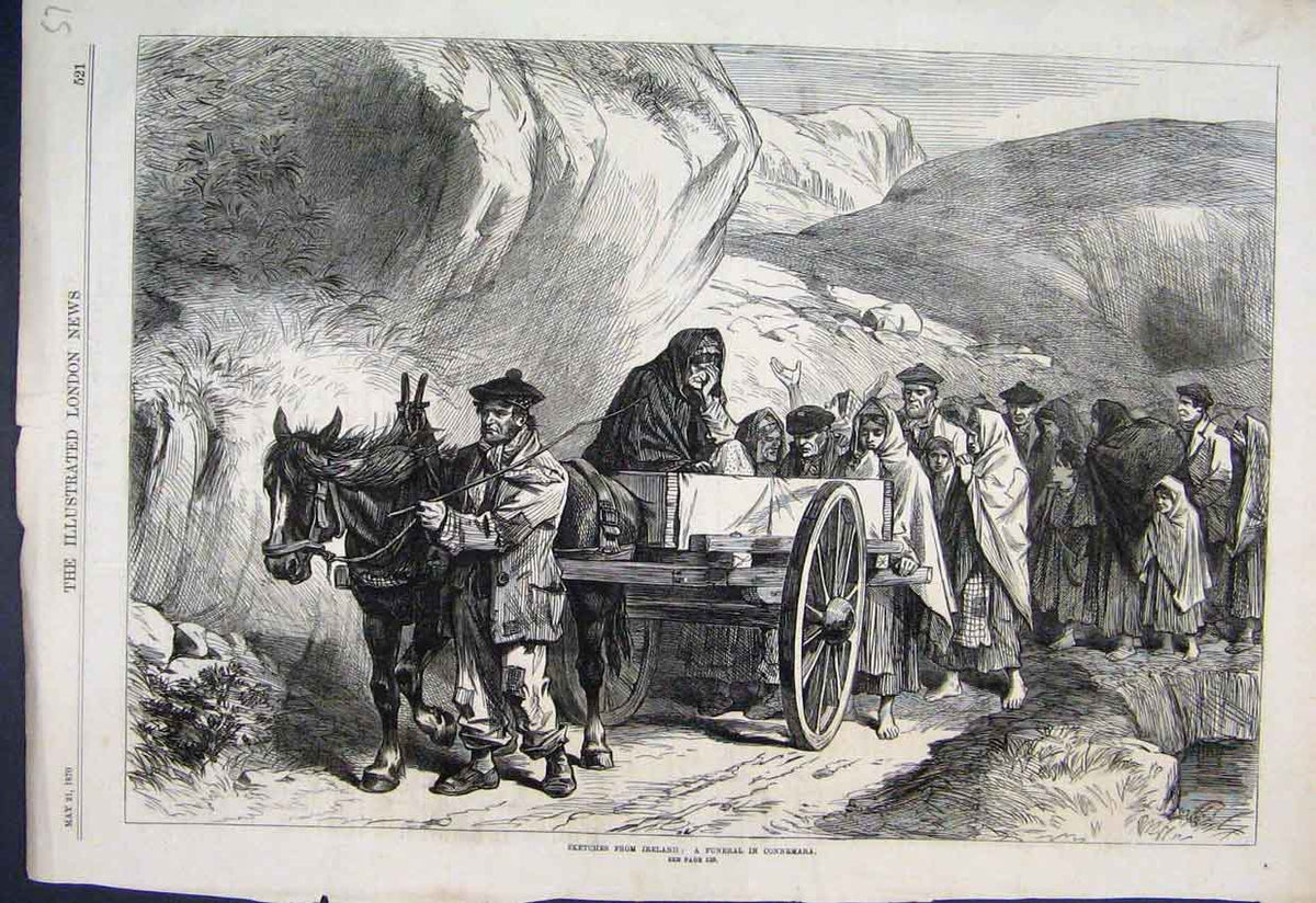 Original Old Antique Print 1870 Ireland Funeral Connemara Horse Families Sketch