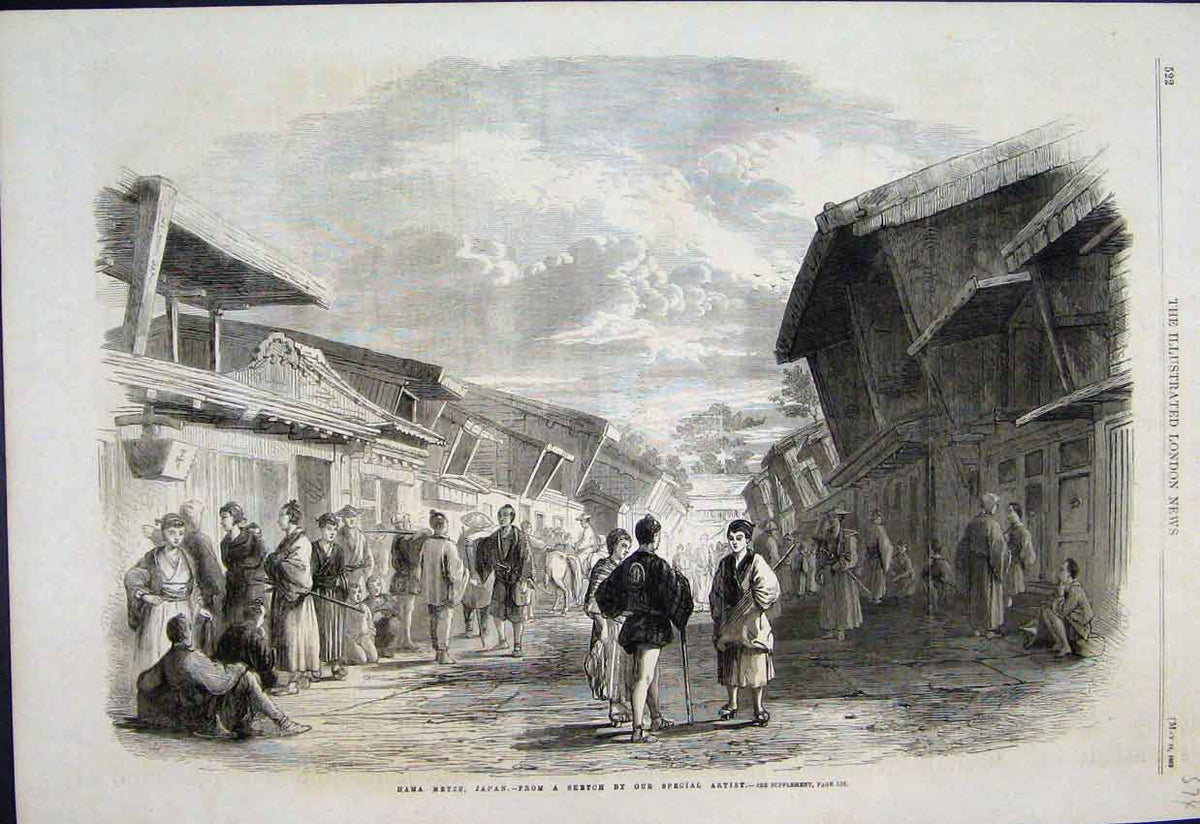 Original Old Antique Print 1862 Hama Metze Japan Ladies Men Street Sketch 19th