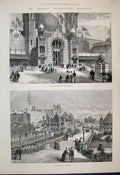Original Old Antique Print 1888 Glasgow International Exhibition Grounds 19th