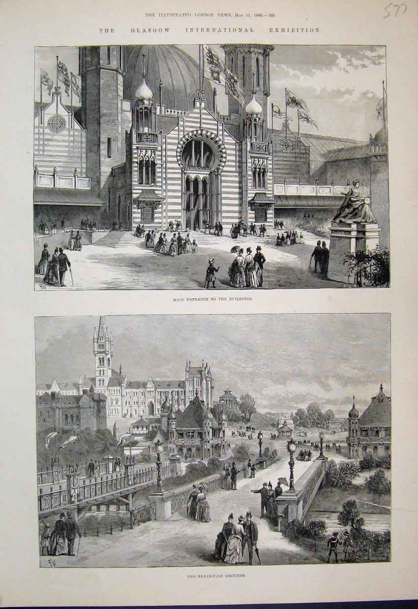 Original Old Antique Print 1888 Glasgow International Exhibition Grounds 19th