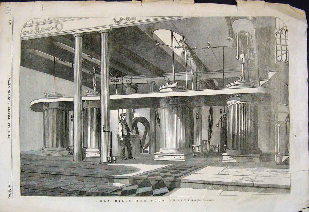Original Old Antique Print 1851 Dean Mills Four Engines Machine 19th