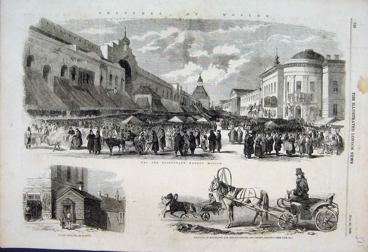 Original Old Antique Print 1856 Moscow Rag Market Telashca Istvostchik Drosky