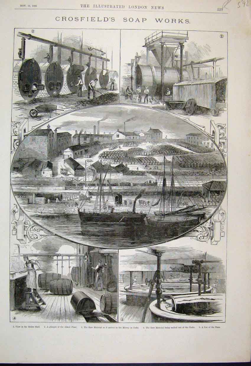 Original Old Antique Print 1886 Crossfields Soap Works Boiler Shed Casks 19th