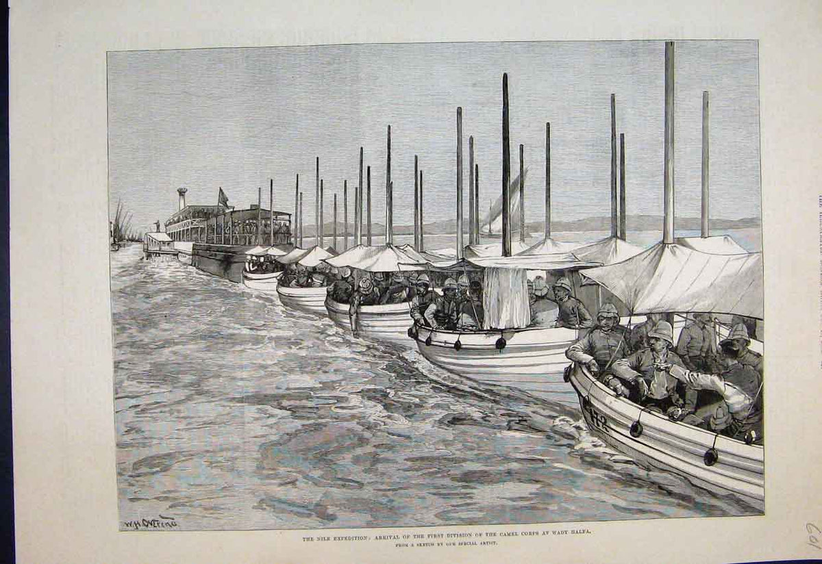 Original Old Antique Print 1884 Nile Expedition Camel Corps Wady Halfa Sketch