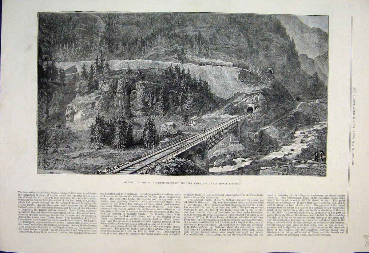 Original Old Antique Print 1882 Gothard Railway Tunnels Monte Piottino 19th