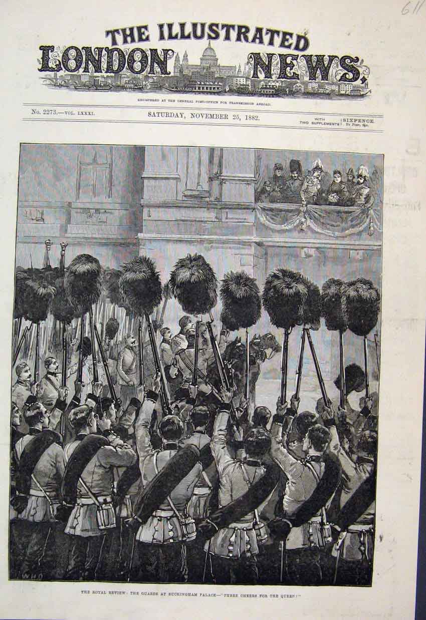 Original Old Antique Print 1882 Royal Review Guards Buckingham Palace Fine Art