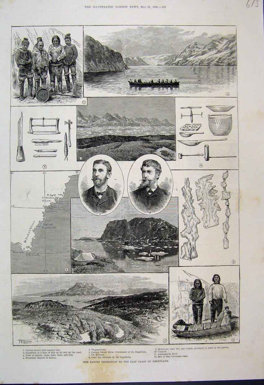 Original Old Antique Print 1886 Danish Expedition Greenland Natives Tools 19th