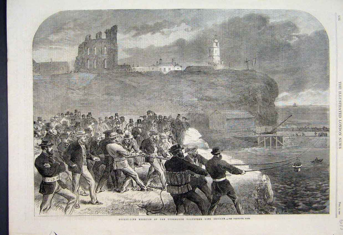 Original Old Antique Print 1865 Rocket Line Tynemouth Volunteer Brigade 19th