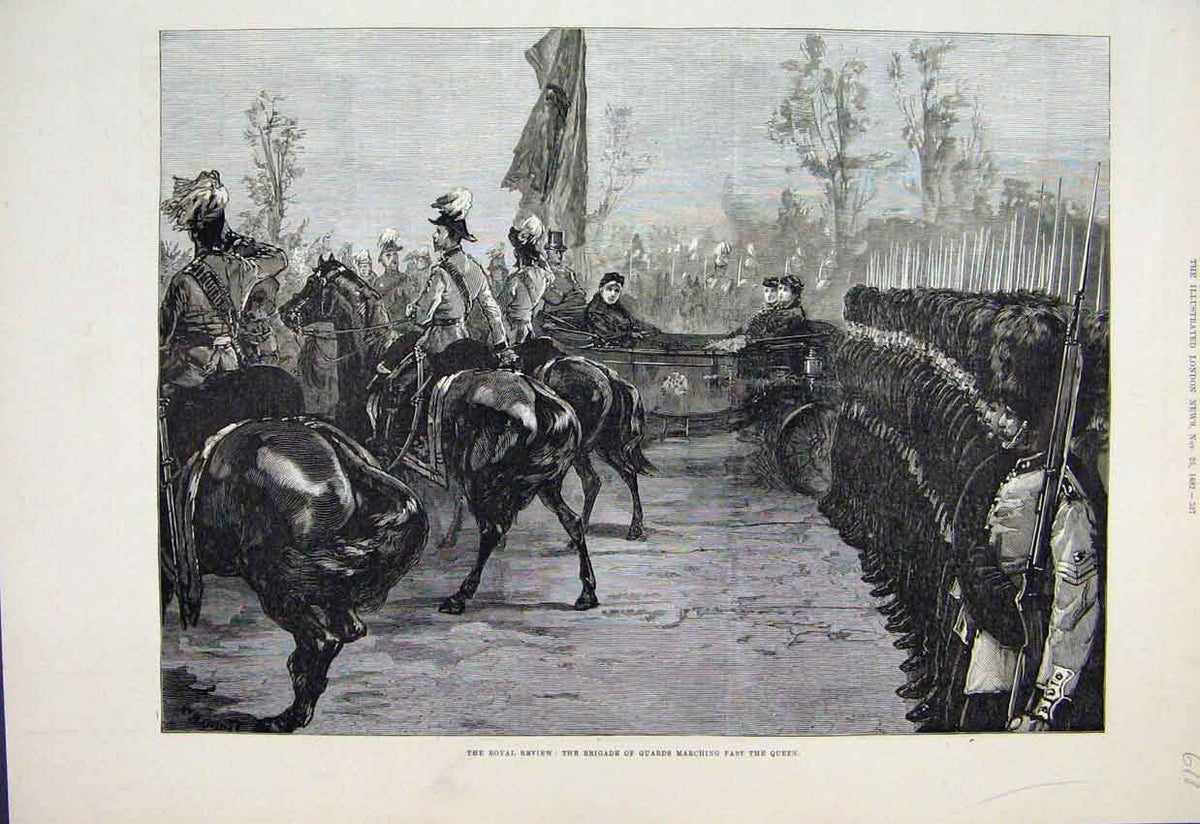 Old Antique Print 1882 Royal Review Brigade Arms Marching Queen Fine Art 19th