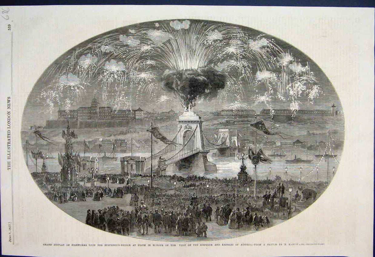 Old Antique Print 1857 Fireworks Suspension Bridge Perth Emperor Austria 19th