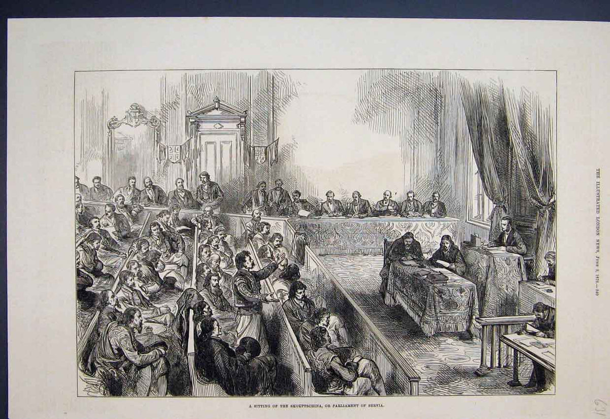 Original Old Antique Print 1876 Skouptschina Parliament Servia Scene Victorian