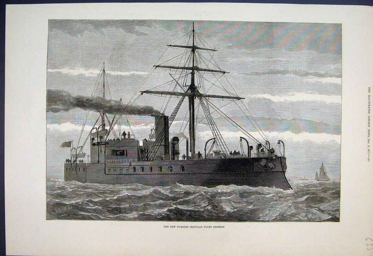 Original Old Antique Print 1877 Turkish Ironclad Payki Shereef Ship Victorian