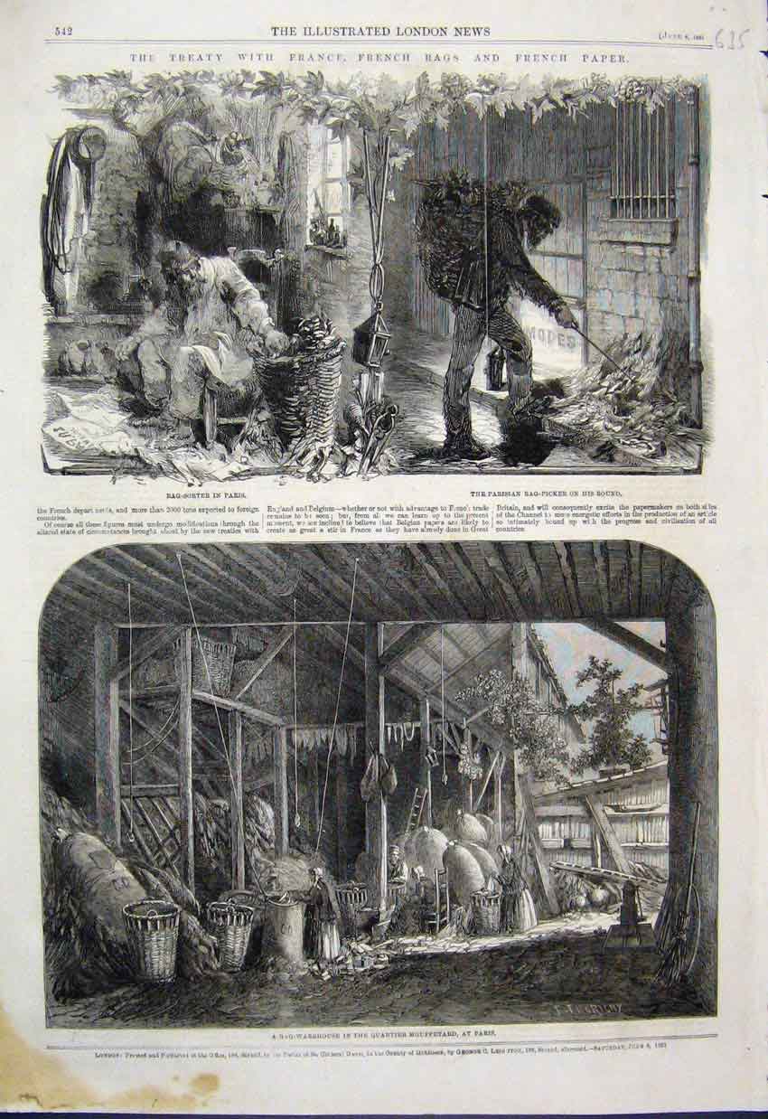 Original Old Antique Print 1861 Parisian Bag Picker Wearhouse Mouffetard France