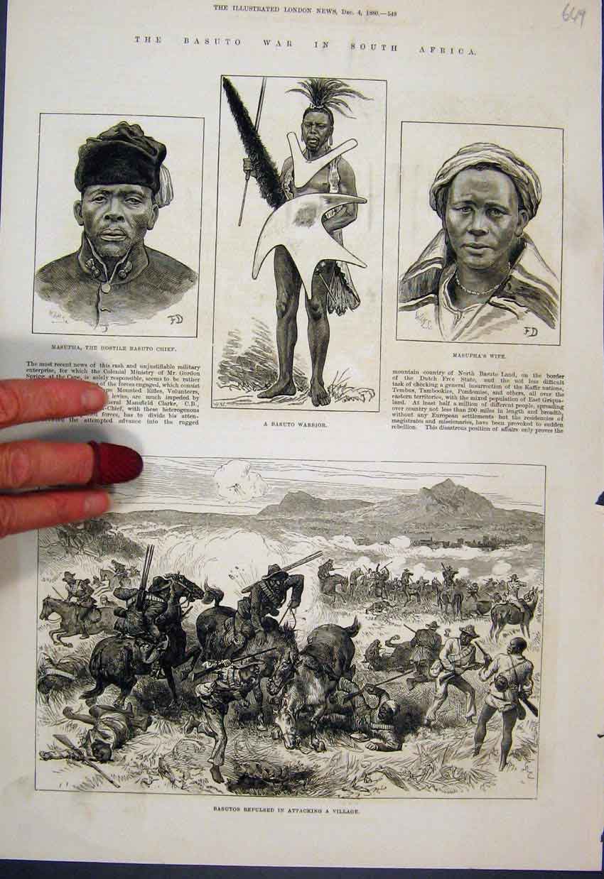 Original Old Antique Print 1880 Basuto Warrior Masupha Attacking Village 19th