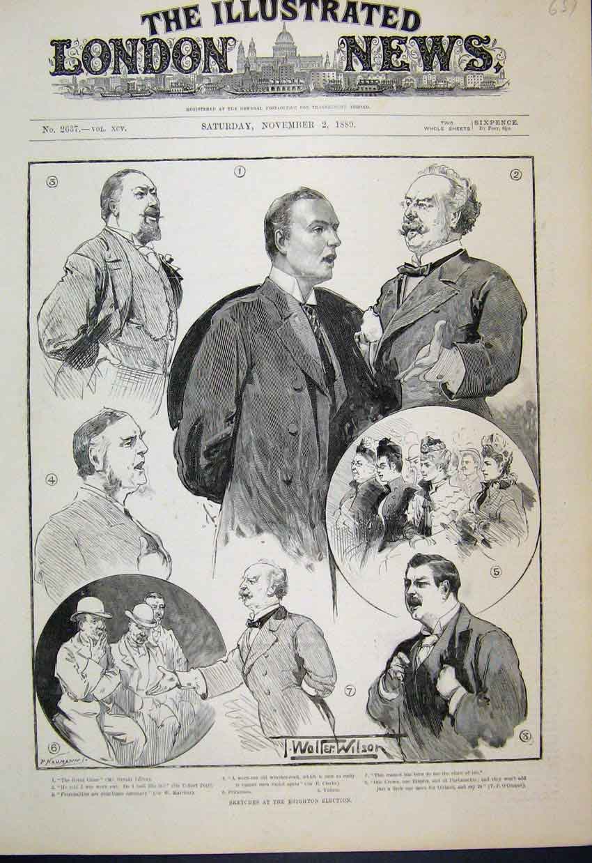 Old Antique Print 1889 Brighton Election Violets Primroses Men Sketches 19th