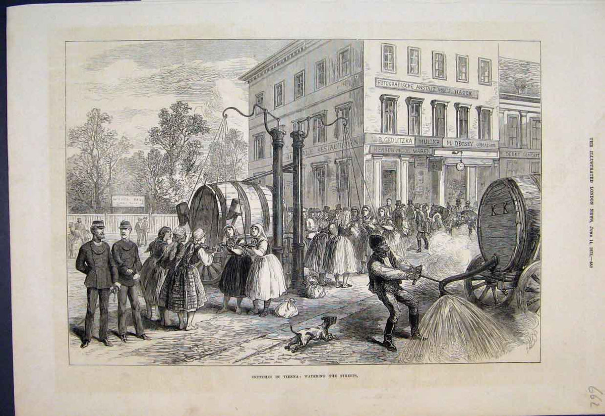 Original Old Antique Print 1873 Vienna Watering Street Dog Woman Work Sketch