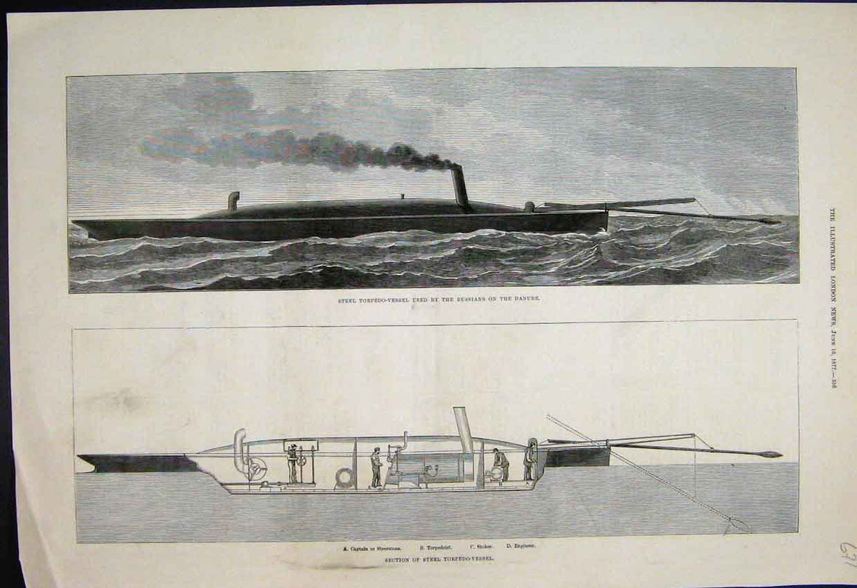 Original Old Antique Print 1877 Steel Torpedo Vessel Russians Danube Victorian