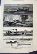 Original Old Antique Print 1877 Torpedo Submarine American Whitehead Pinnance