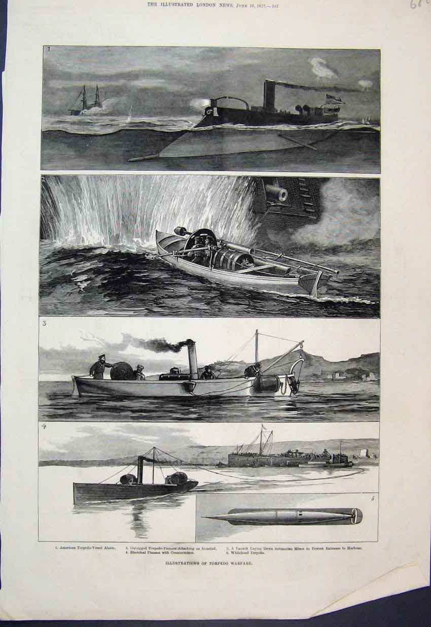 Original Old Antique Print 1877 Torpedo Submarine American Whitehead Pinnance