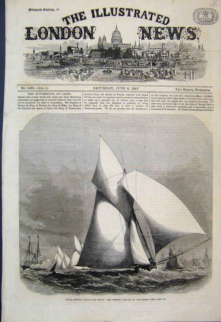 Original Old Antique Print 1867 Royal London Yacht Club Phyrne Gravesend 19th
