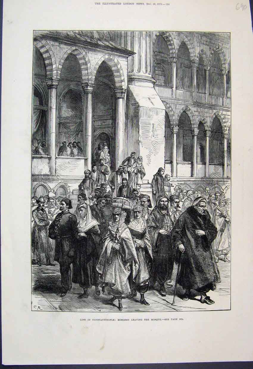 Original Old Antique Print 1879 Constantinople Life Moslems Mosque Victorian