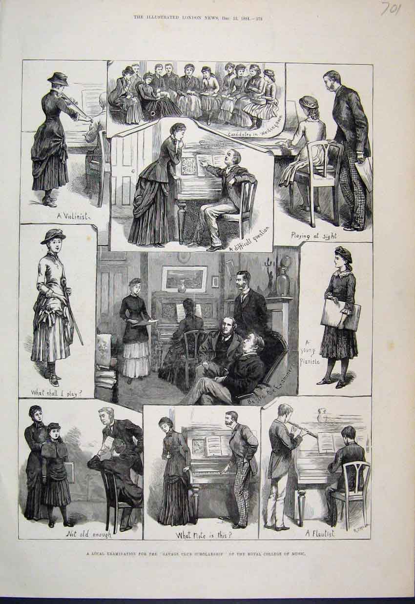 Original Old Antique Print 1884 Salvage Club Scholarship College Music 19th