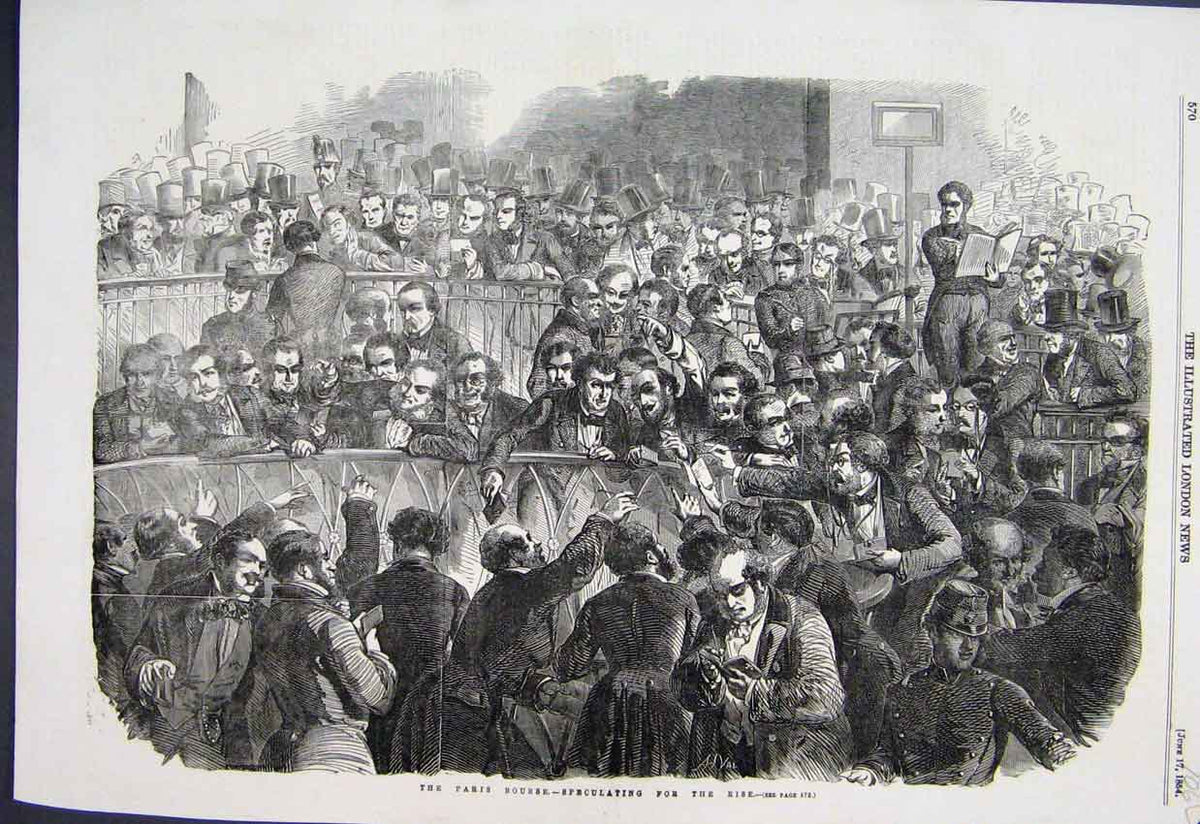 Original Old Antique Print 1854 Paris Bourse Rise Speculating France Victorian