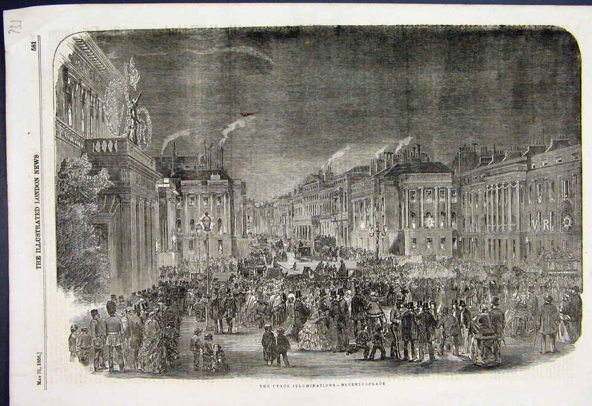 Original Old Antique Print 1856 Peace Illuminations Waterlooplace Victorian