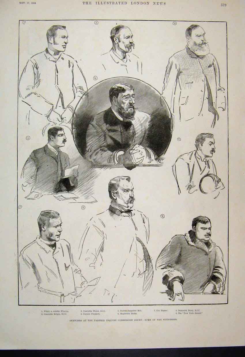 Old Antique Print 1888 Parnell Inquiry Commission Court Witnesses Sketch 19th