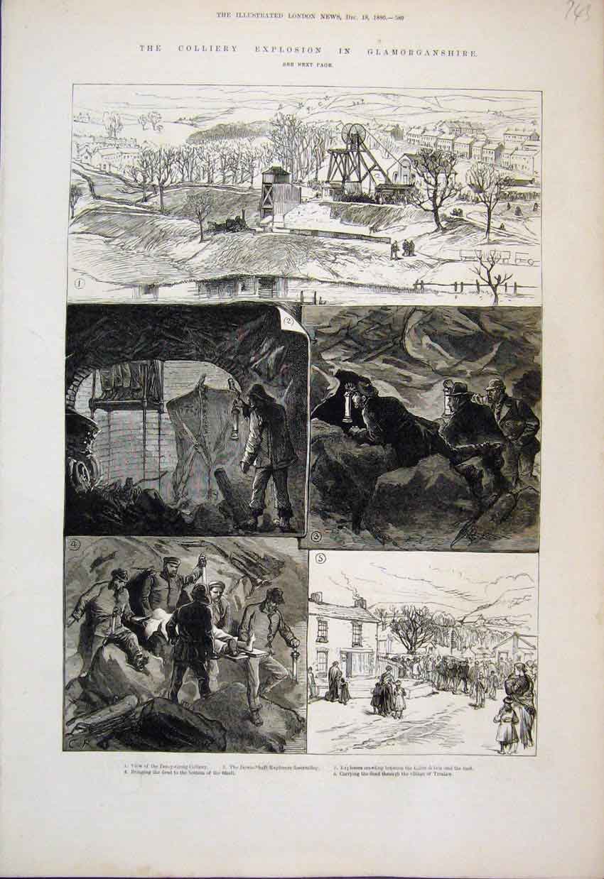 Original Old Antique Print 1880 Colliery Explosion Glamorganshire Pen-Y-Craig