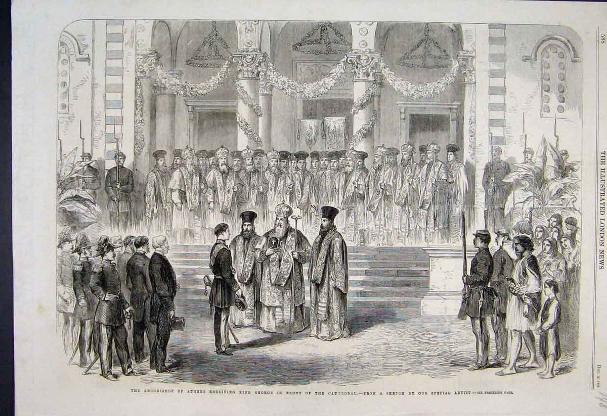 Original Old Antique Print 1863 Archbishop Athens King George Cathedral Sketch