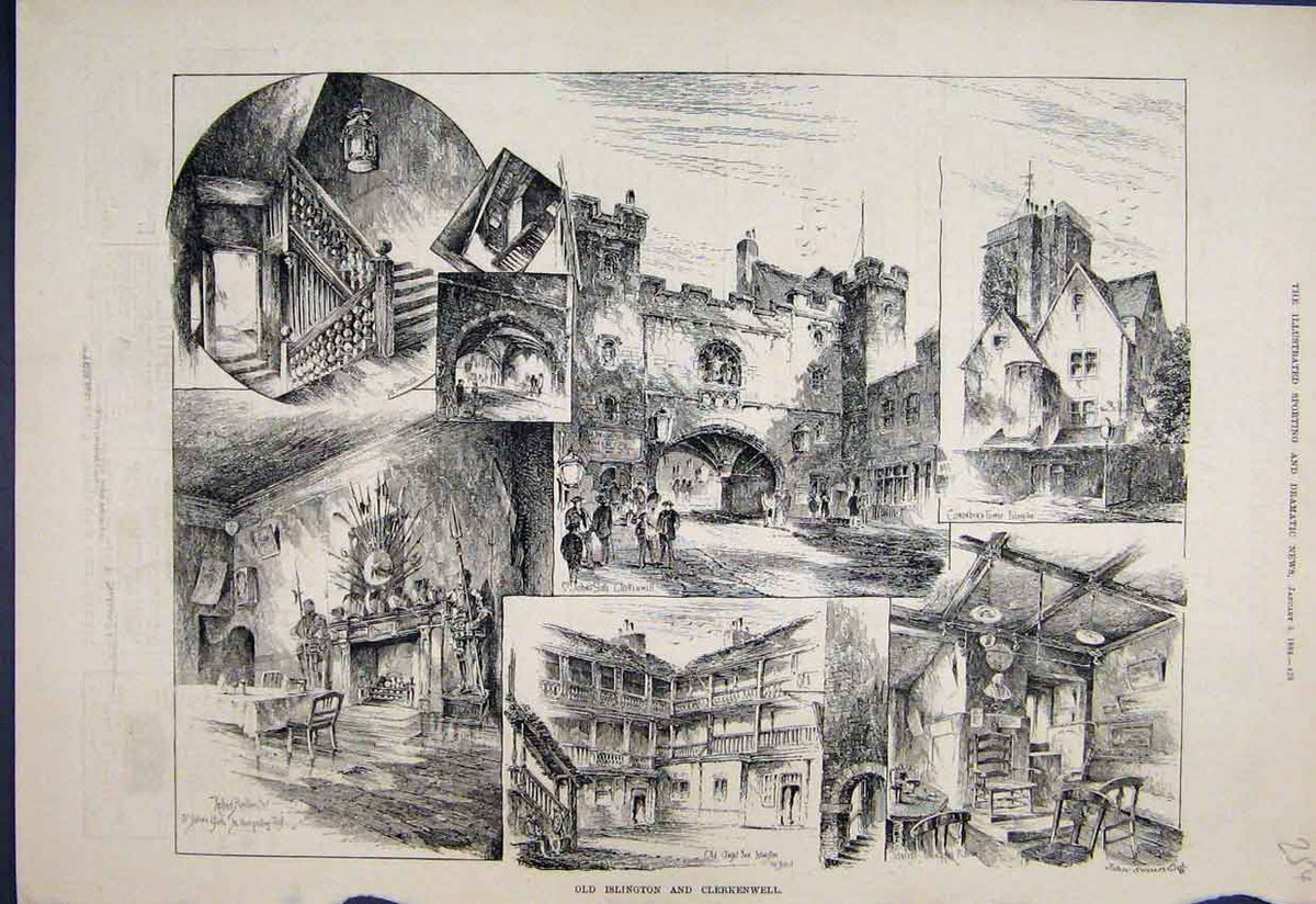 Original Old Antique Print 1884 Islington Clerkenwell Johns Gate Staircase 19th