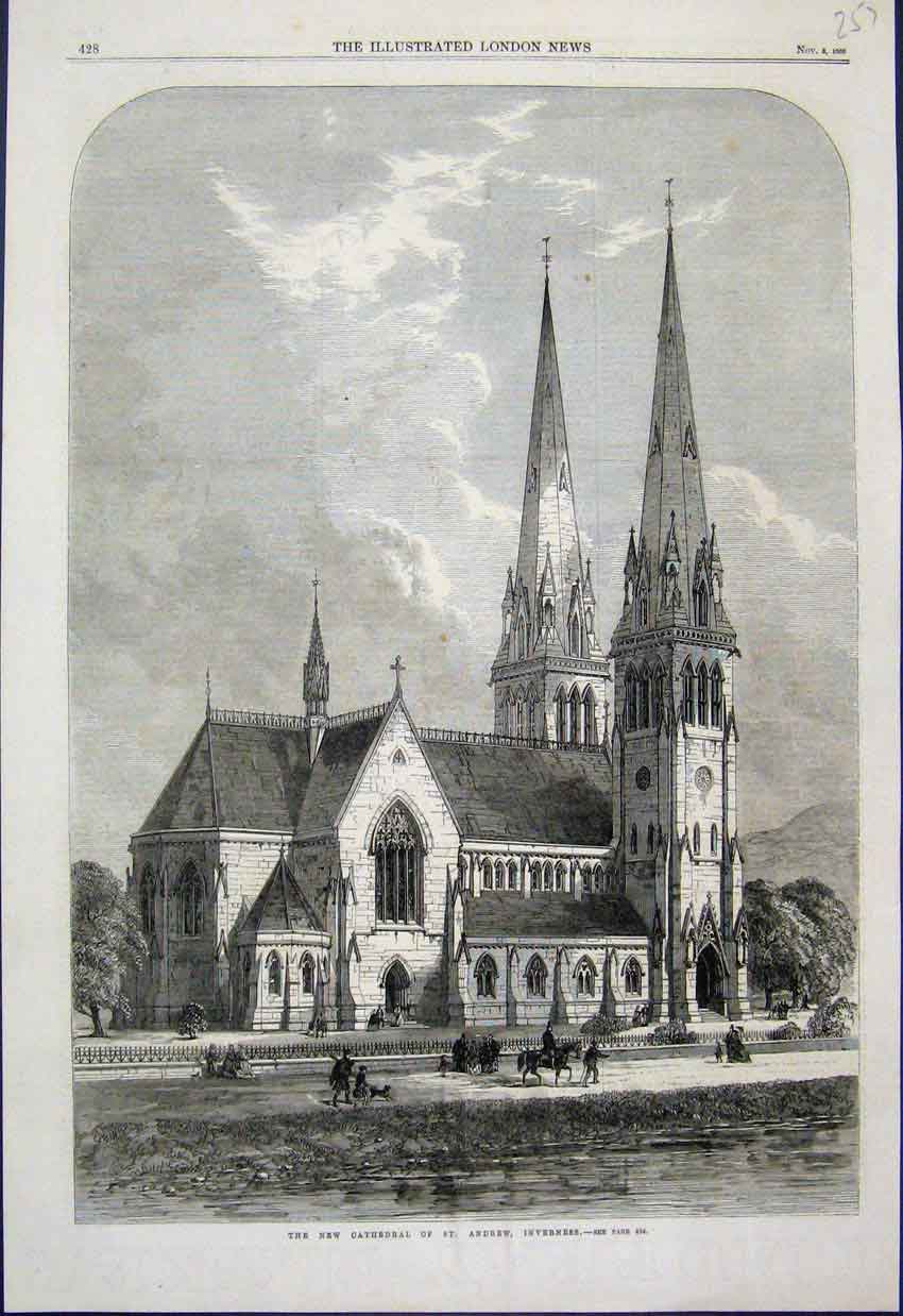 Original Old Antique Print 1866 Cathedral St Andrew Inverness River Scene 19th