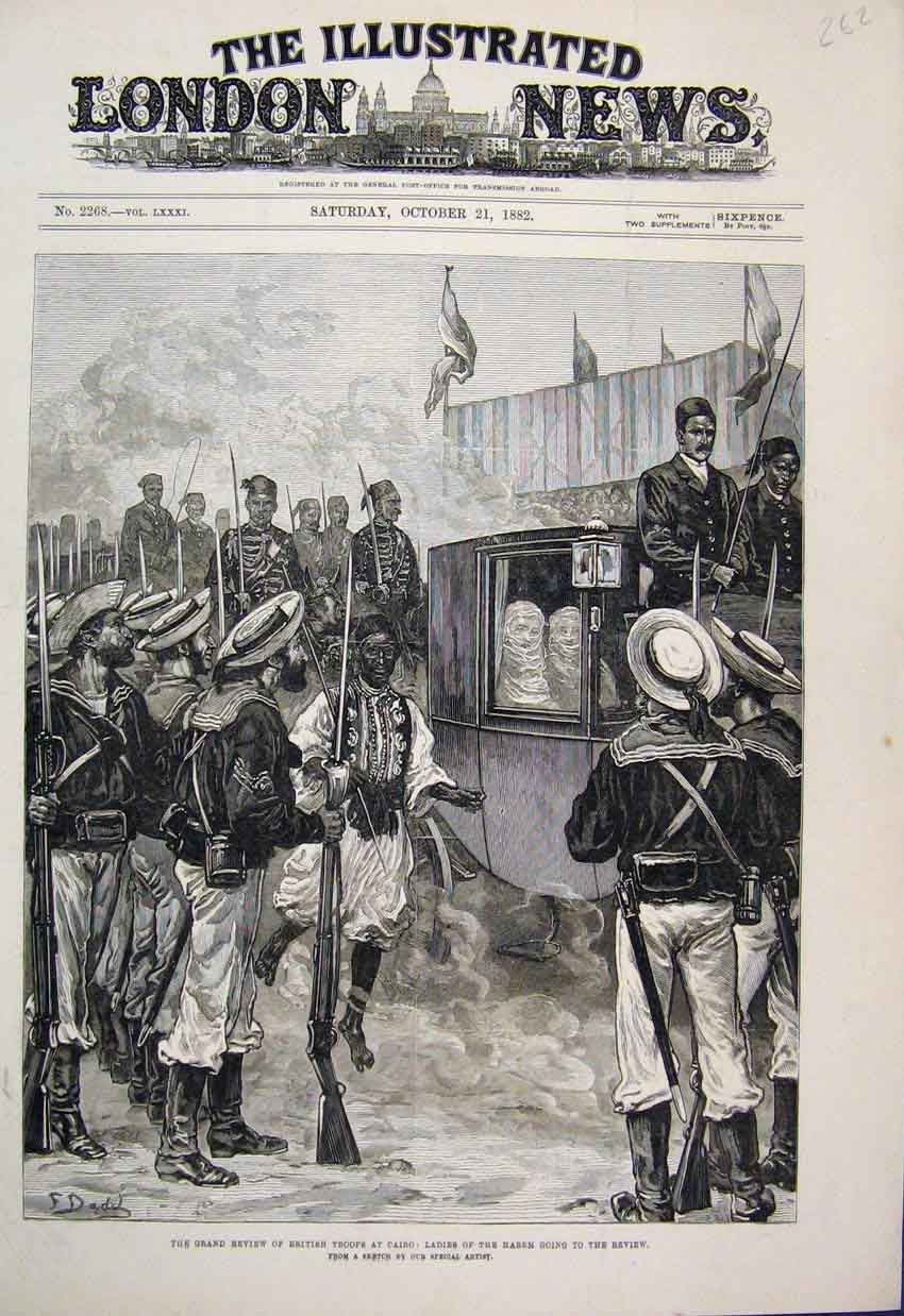 Original Old Antique Print 1882 British Troops Cairo Ladies Harem Review Sketch