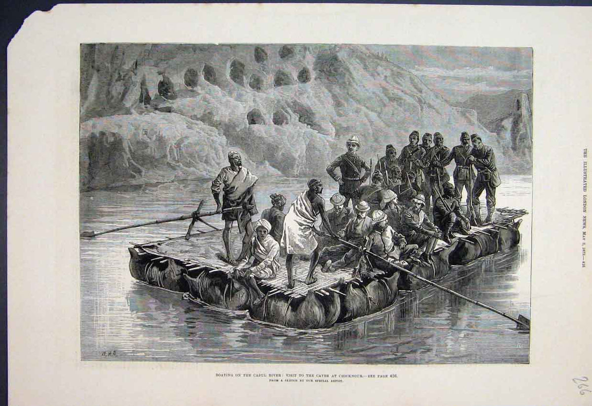 Original Old Antique Print 1879 Boating River Cabul Caves Chicknour Sketch 19th
