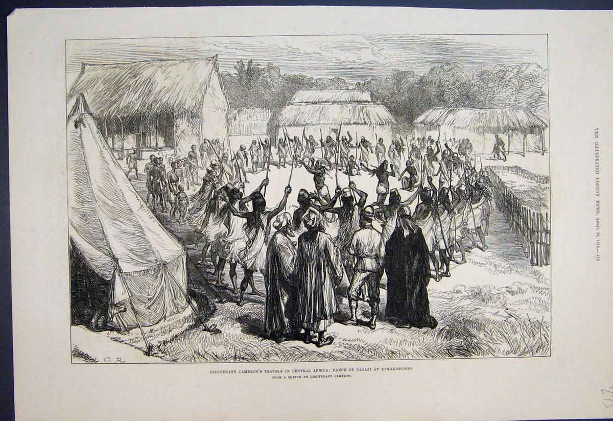 Old Antique Print 1876 Lietenant Cameron Africa Dance Pagazi Kiwakasongo 19th