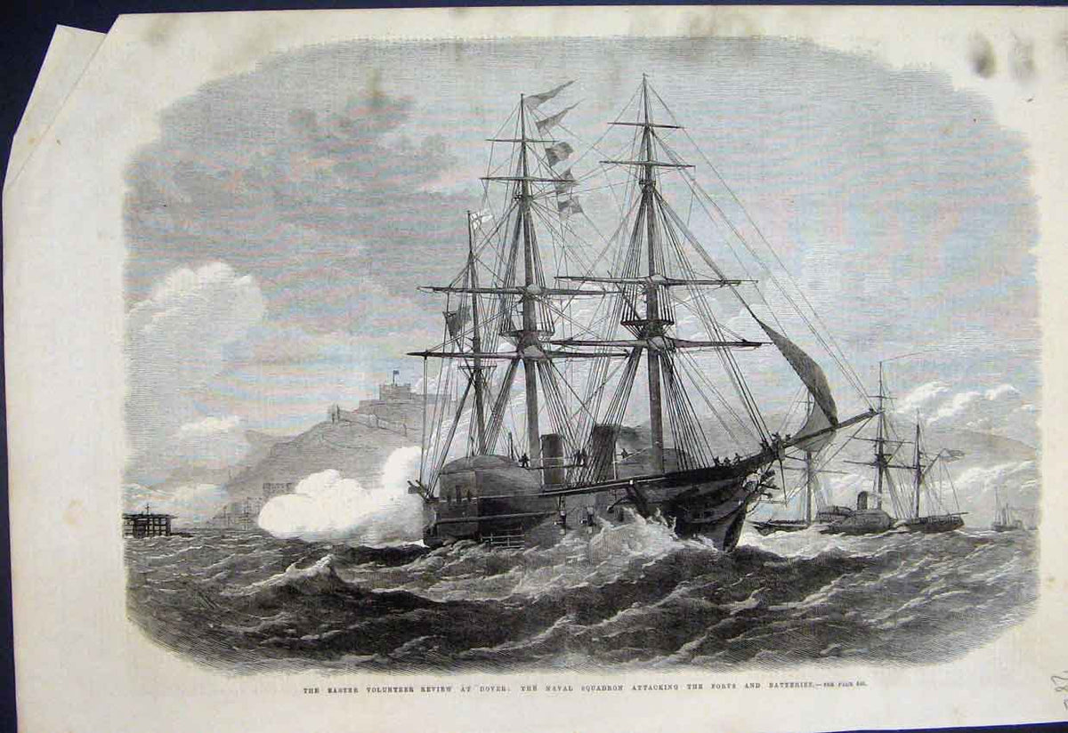 Old Antique Print 1867 Dover Naval Suadron Forts Batteries Easter Review 19th