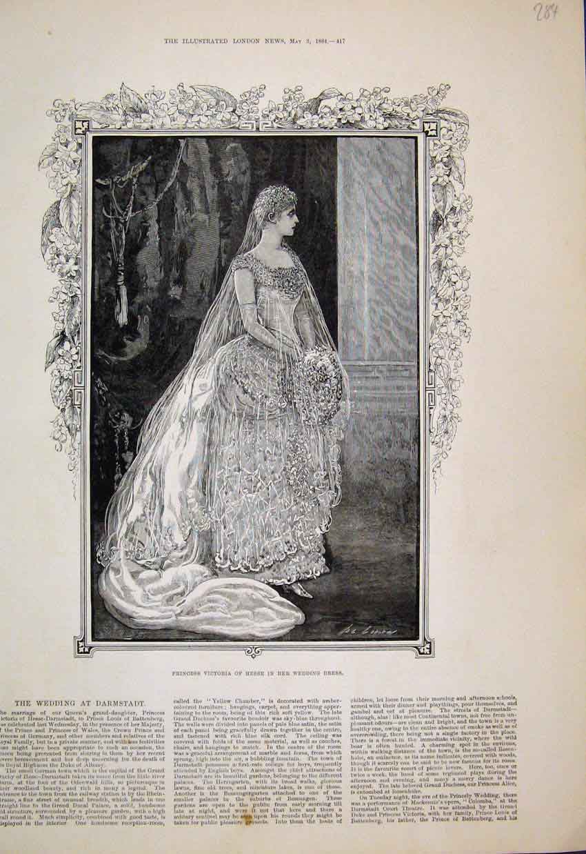 Original Old Antique Print 1884 Princess Victoria Hesse Wedding Dress Portrait