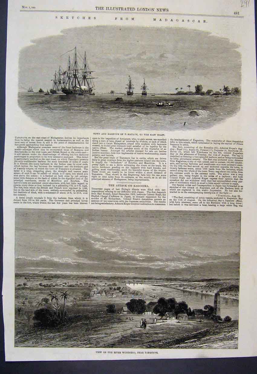 Original Old Antique Print 1863 Tamatave Madagascar River Wundoroo Sketches