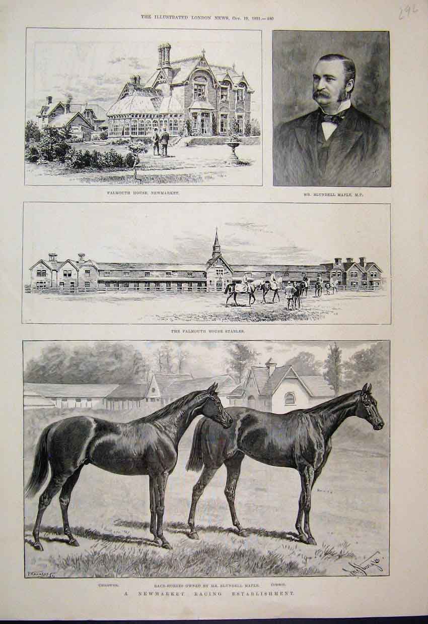 Old Antique Print 1891 Falmouth House Newmarket Blundell Childwick Common 19th