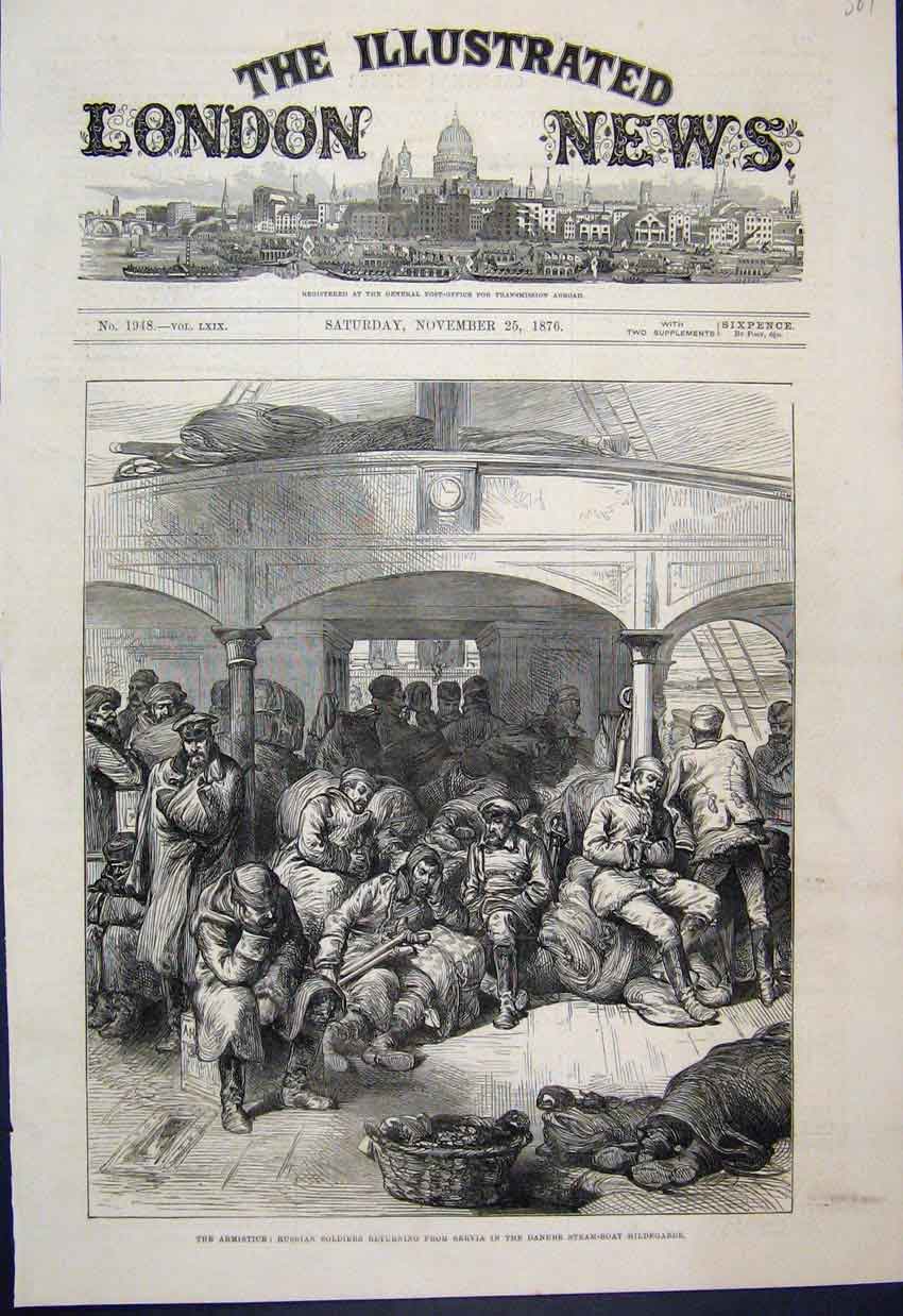 Original Old Antique Print 1876 Armistice Russian Sier Servia Danube Hildegarde