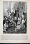 Original Old Antique Print 1887 Tame Lion Algiers Men Children Fine Art 19th