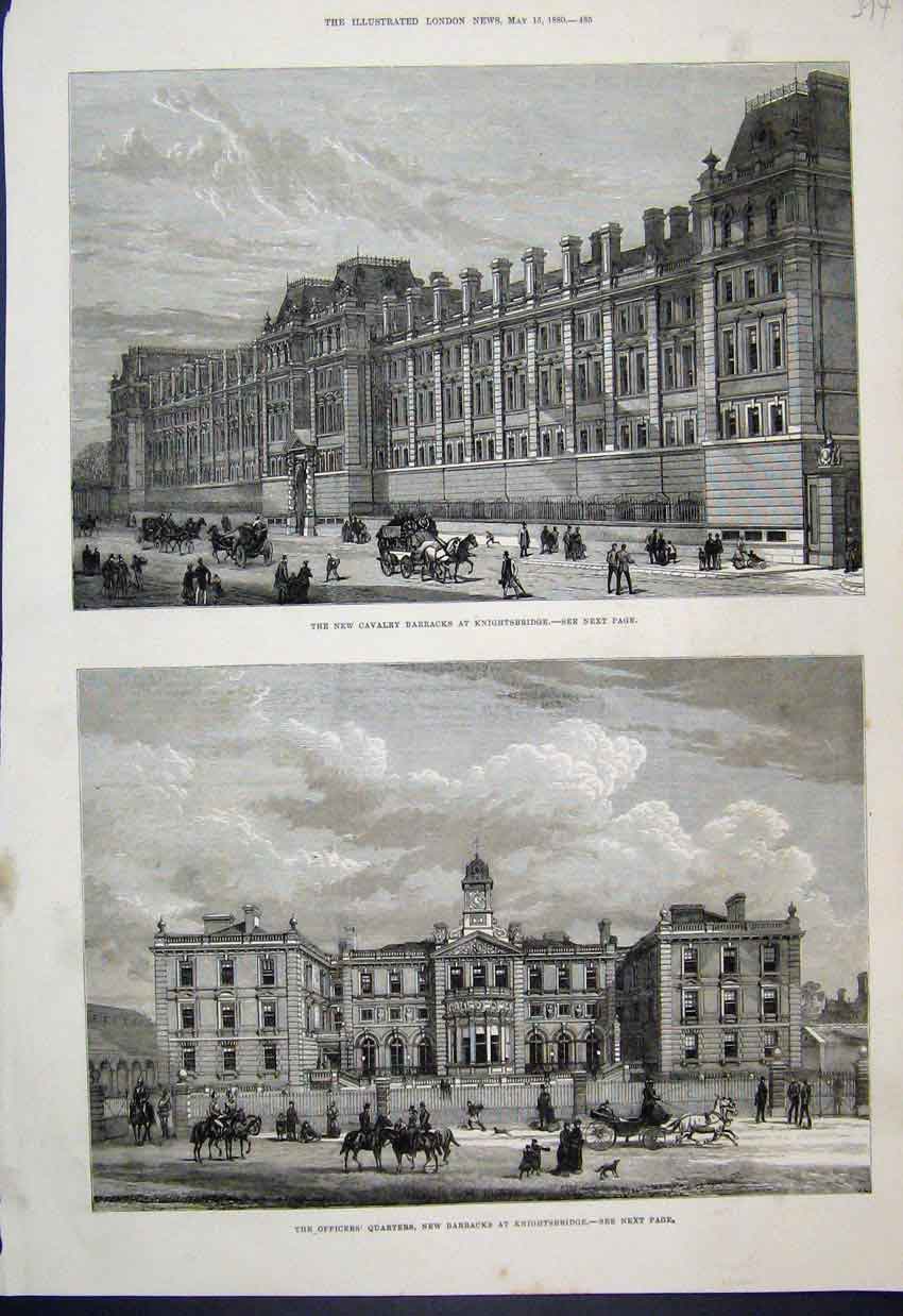 Old Antique Print 1880 Cavalry Barracks Knightsbridge Officers Quarters 19th
