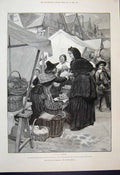 Original Old Antique Print 1888 Market Scene Woman Pipe Tobacco 19th