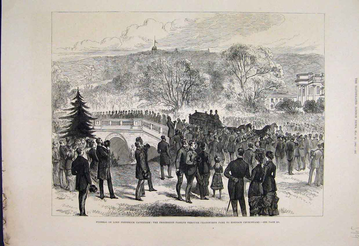 Original Old Antique Print 1882 Funeral Frederick Cavendish Edensor Churchyard