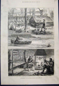 Original Old Antique Print 1880 Fur Trappers Backwoods Canada Deer Cabin 19th