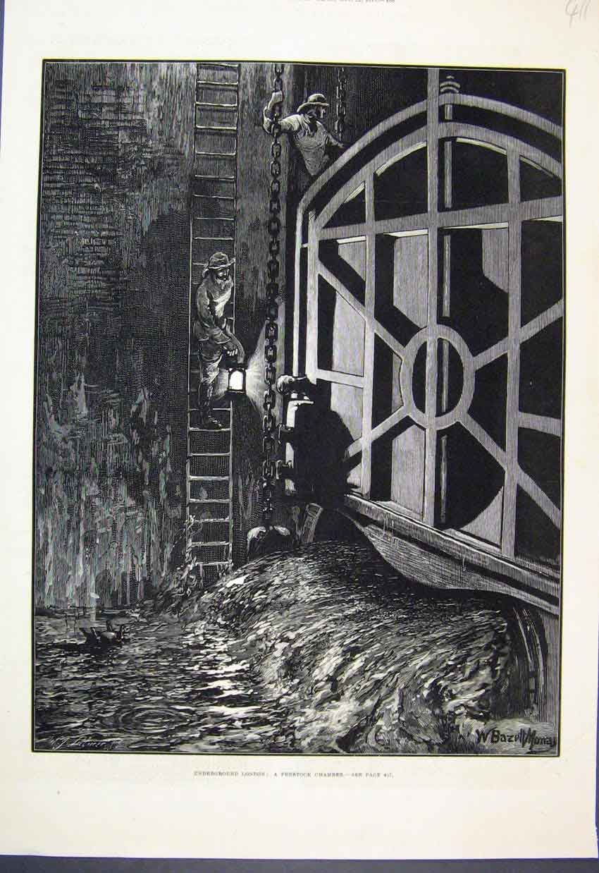 Original Old Antique Print 1879 Underground London Penstock Chamber Fine Art