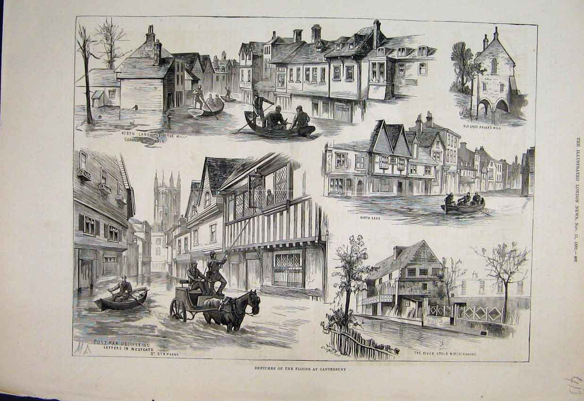 Old Antique Print 1882 Floods Canterbury Friars Mill River Stour Sketch 19th