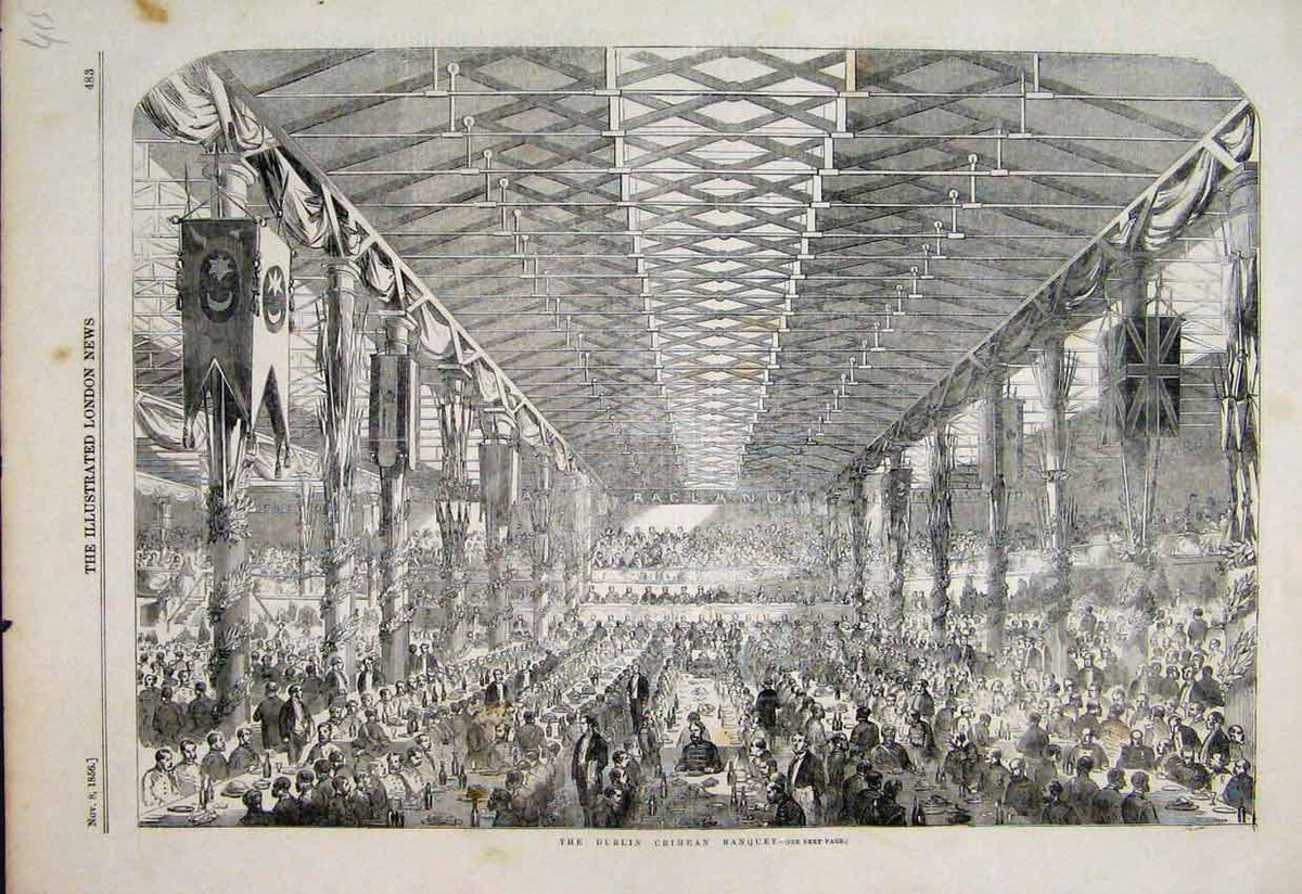 Original Old Antique Print 1856 Dublin Crimean Banquet Ragland Ireland 19th