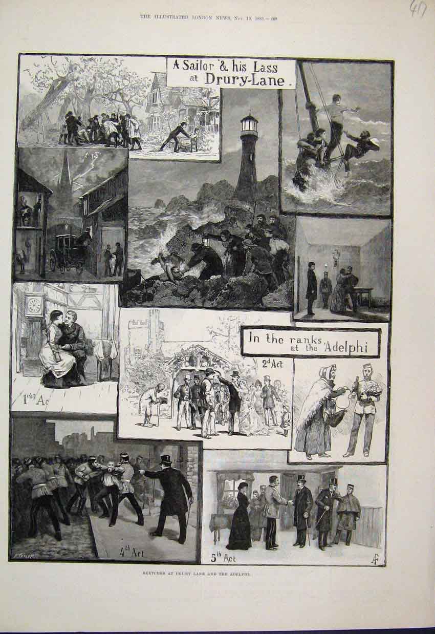 Original Old Antique Print 1883 Drury Lane Adelphi Theatre Sailor Lass 19th